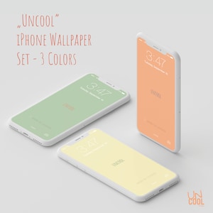 Puede incluir: Tres maquetas de iPhone que muestran fondos de diferentes colores con el texto "UNCOOL" y la hora 3:47. Los fondos son verde, amarillo y naranja.