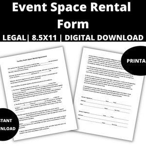 Puede incluir: Un formulario de alquiler de espacio para eventos imprimible en blanco y negro. El formulario incluye secciones para el arrendatario y el propietario, con espacios para firmas e información de contacto. El texto "Facility Event Space Rental Agreement" está en la parte superior del formulario.