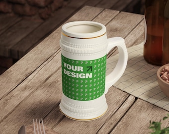 Custom Beer Stein Mug: 22oz Ceramic Oktoberfest Mug with Gold Details