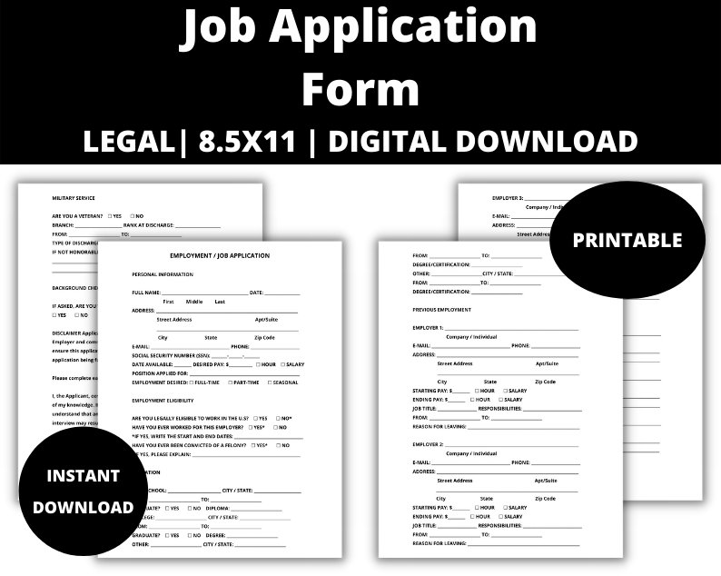 job application form employment application form applicant etsy