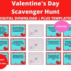 Valentinstag Schnitzeljagd: Druckbare Hinweiskarten, Bonus Blanko-Vorlagen, gemacht für Erwachsene und Kinder!