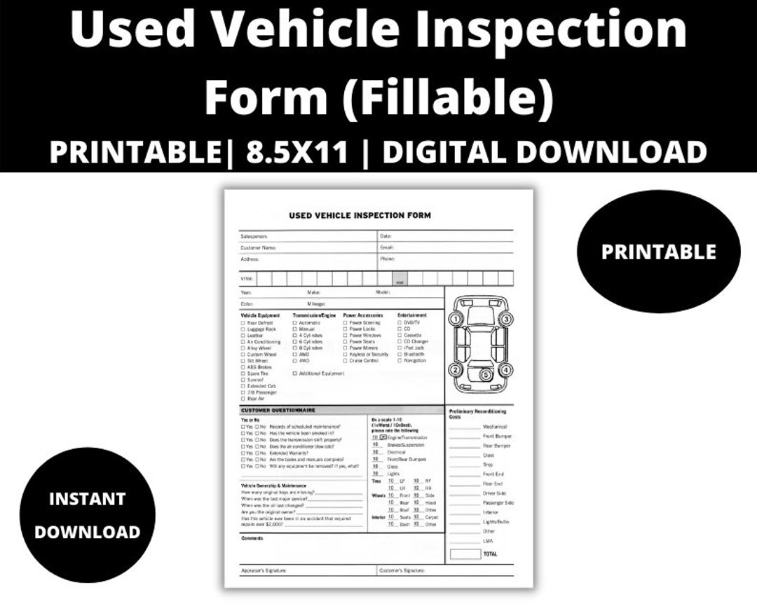 Used Vehicle Inspection Form Car Inspection, Auto Inspection, Pre Purchase Inspection Etsy
