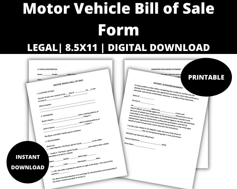 motor vehicle bill of sale form automotive bill of sale car etsy