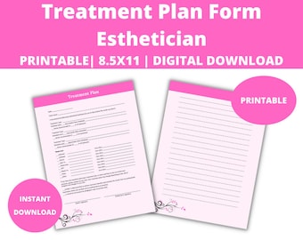 May include: Printable treatment plan form for estheticians. The form includes sections for client information, treatment details, and notes. The form is 8.5 x 11 inches and is a digital download.