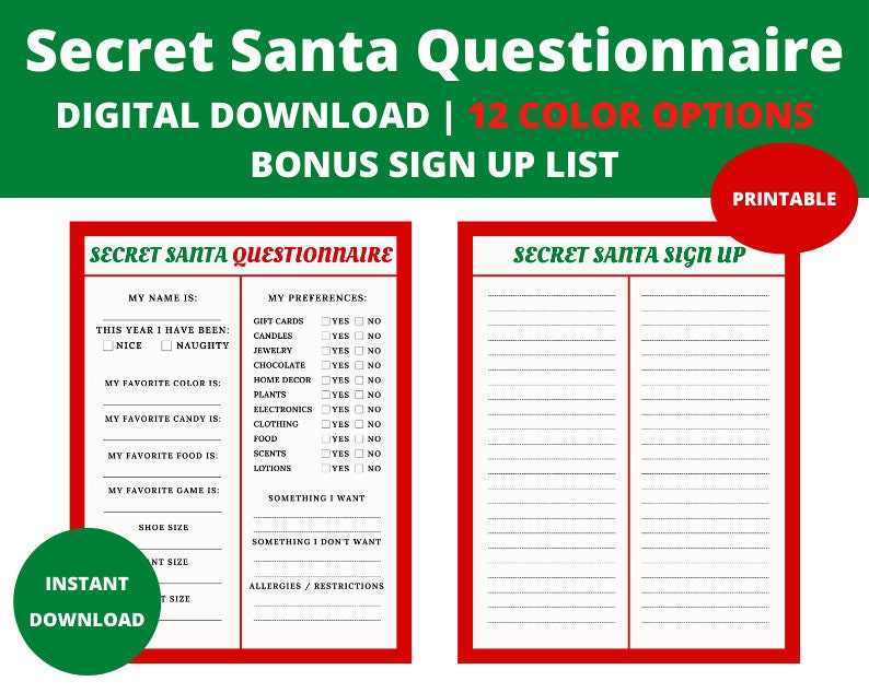 Secret Santa Questionnaire Gift Exchange Questions, Sign up List