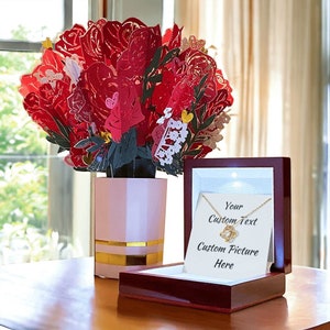 Colar com nó de amor personalizado com cartão de mensagem: ouro branco 14k, ouro amarelo 18k, pedra de zircônia cúbica de corte redondo - pacote de buquê de flores
