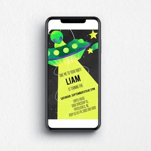 Alien Birthday Text Invitation Template, Editable Outer Space Party Digital Invite, UFO Galaxy Kids Birthday Corjl Download