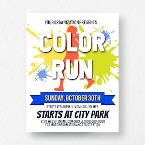 Printable Color Run Flyer Template, Editable Fun Run Event Poster, Fundraiser 5k, Printable Corjl Download