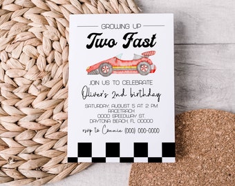 Editable Two Fast Race Car Birthday Party Invitation Template