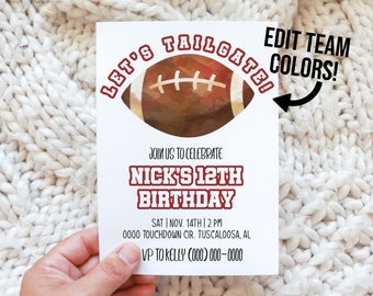 May include: White invitation card with the text "LET'S TAILGATE!" and "NICK'S 12TH BIRTHDAY" in maroon. A watercolor football graphic is in the center. The card also includes event details and a call to RSVP.