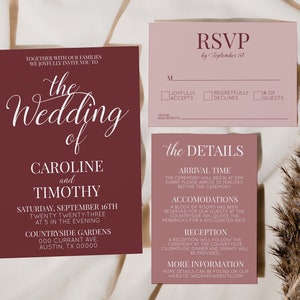 Dusty Rose Wedding Invitation Set, Editable Corjl Template, Printable Invite, RSVP & Details Card, Blush Pink Wedding Suite Download