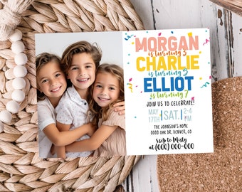 May include: Birthday party invitation with a photo of three children smiling. The invitation is decorated with colorful confetti and text that reads "Morgan is turning 3, Charlie is turning 5, Elliot is turning 7. Join us to celebrate! May 17th, Sat. 12-4 PM. The Johnson's Home, 0000 Oak Dr., Denver, CO. RSVP to Misty at (000) 000-000."