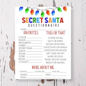Printable Secret Santa Questionnaire Template - Etsy
