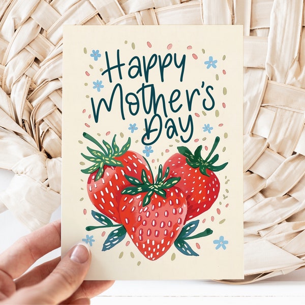 Printable Mother’s Day Card Template, Happy Mother’s Day, Strawberry, Instant Dowload