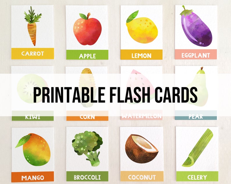 Printable Watercolor Fruits & Vegetables Flash Cards (digital) - Etsy