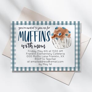 Edytowalny szablon zaproszenia na Dzień Matki „Muffins with Mom”