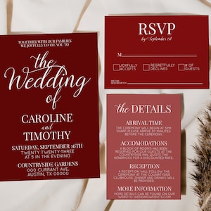 Red Wedding Invitation Template Set, Editable Invite, RSVP & Details Card, Corjl Burgundy Printable Suite