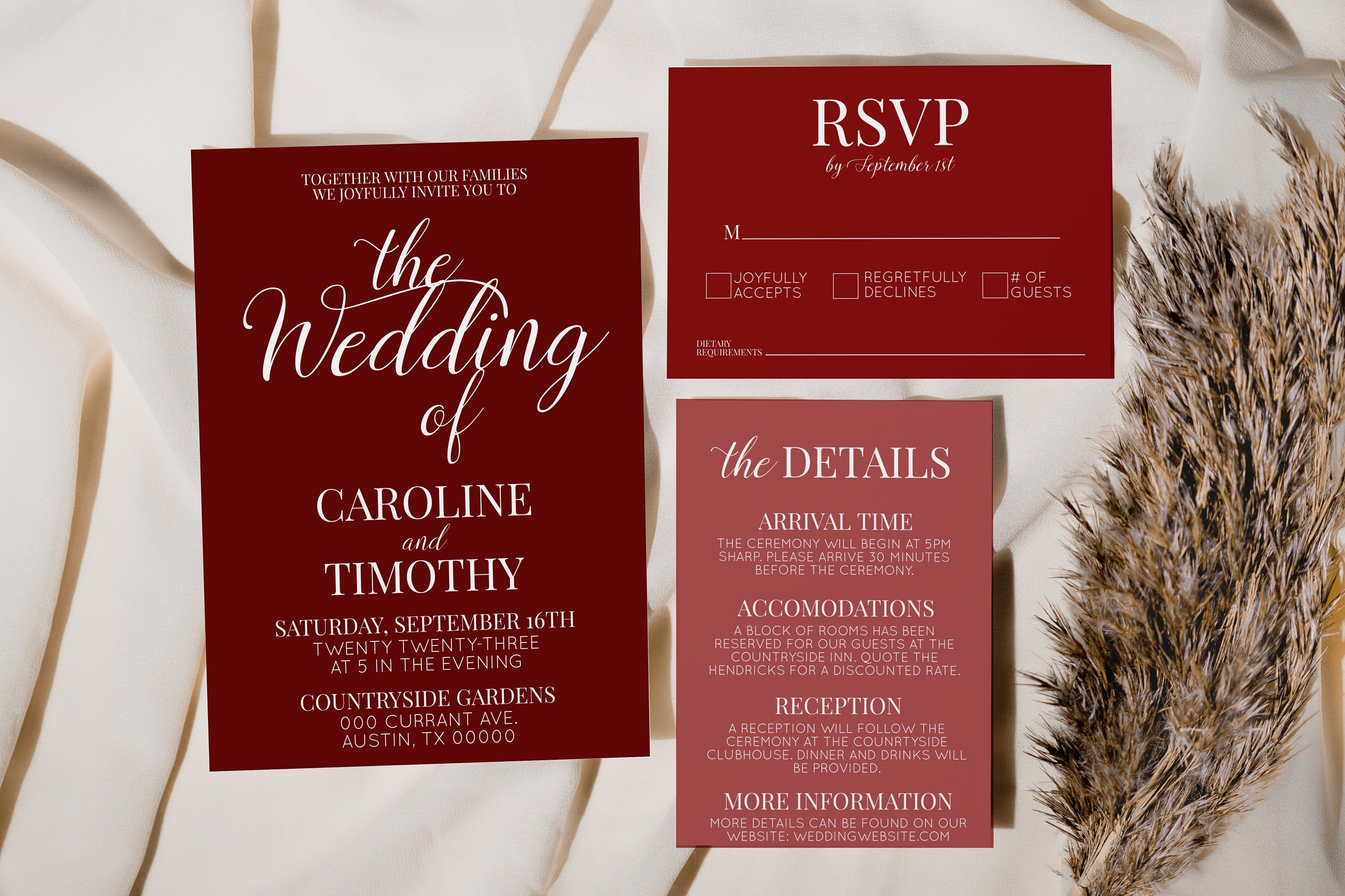 Editable Red Wedding Invitation Template Set: Invite, RSVP & Details ...