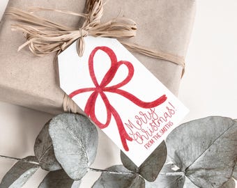 Editable Red Bow Christmas Gift Tag Template