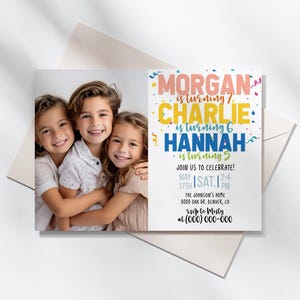 Editable Triple Siblings Birthday Invitation Template
