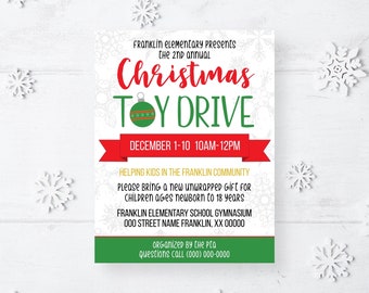 May include: A flyer for the 2nd Annual Christmas Toy Drive, with text in red and green. The flyer includes the dates December 1-10, the time 10 AM-12 PM, and details about the event, including the location and contact information.