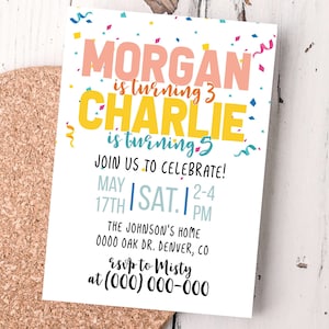 Editable Siblings Birthday Invitation | sibling invitation, joint invitation, instant download, digital download, printable template