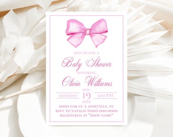 Editable Bow Baby Shower Invitation | it’s a girl, pink baby shower, printable template, digital download, instant download