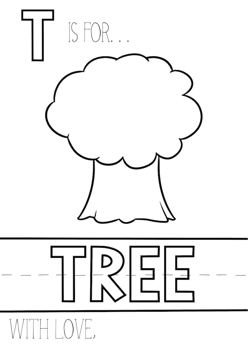 Może przedstawiać: Czarno-biały rysunek linii drzewa ze słowem &bdquo;TREE&rdquo; poniżej. Litera &bdquo;T&rdquo; znajduje się w lewym g&oacute;rnym rogu, obok sł&oacute;w &bdquo;IS FOR...&rdquo;. Fraza &bdquo;WITH LOVE,&rdquo; znajduje się na dole.