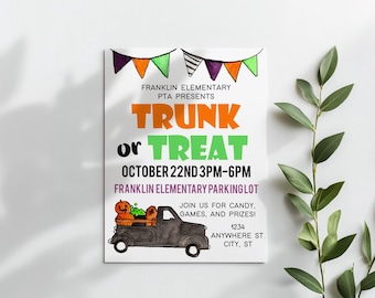 Puede incluir: Un cartel blanco con las palabras "TRUNK or TREAT" en naranja y verde. El cartel incluye una camioneta negra con calabazas y el texto "FRANKLIN ELEMENTARY PTA PRESENTS". El evento es el 22 de octubre, de 3PM a 6PM.