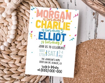 Editable Triple Siblings Birthday Party Invitation Template