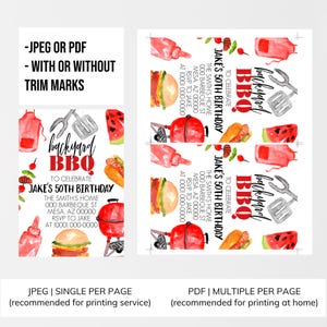May include: A printable invitation for a backyard BBQ to celebrate Jake's 50th birthday. The invitation features a watercolor illustration of a grill, watermelon, hot dogs, and ketchup.