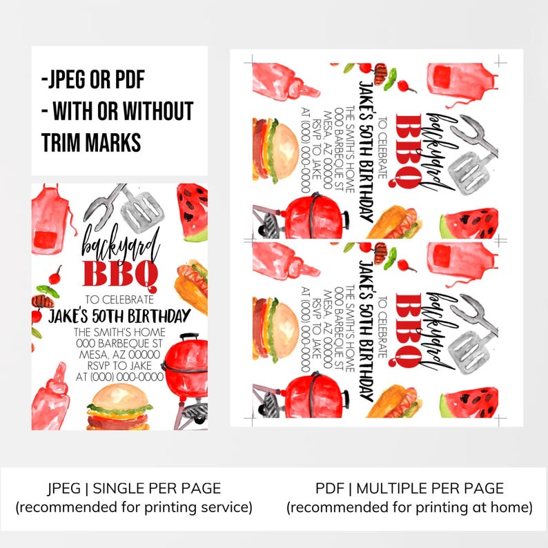 May include: A printable invitation for a backyard BBQ to celebrate Jake's 50th birthday. The invitation features a watercolor illustration of a grill, watermelon, hot dogs, and ketchup.
