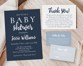 Modern Baby Shower Invitation Template Set, Dusty Blue, Minimalist Invite, Printable Editable Download, Corjl
