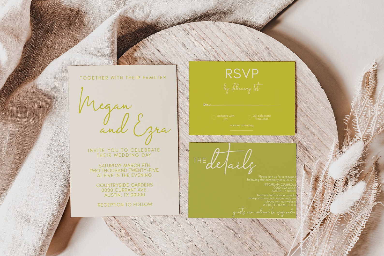Editable Chartreuse Wedding Invitation Template Set - Etsy Canada