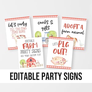 May include: A set of farm-themed party signs with watercolour illustrations. The signs feature phrases such as "Let's Party," "Cards & Gifts," and "Adopt a Farm Animal." The signs have a red gingham border and include images of a cow, pig, and horse.