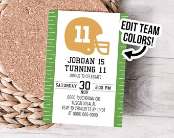 May include: A football-themed birthday invitation with a gold helmet and the number 11. The invitation includes the text "Jordan is turning 11" and event details. The design features green field lines and a call to "Edit Team Colors!"