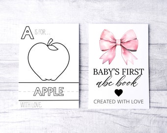 Kolorowanka ABC do druku: Gra na baby shower dla dziewczynki z różową kokardką