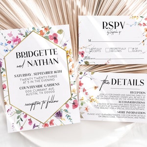 Ensemble de modèles de faire-part de mariage fleurs sauvages, invitation florale modifiable, RSVP et carte de détails, téléchargement imprimable Corjl