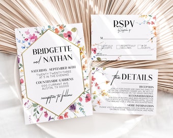 Editable Wildflower Wedding Invitation Template Set: Invite, RSVP & Details Card