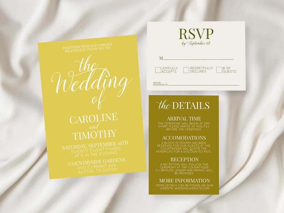 Chartreuse Wedding Invitation Template Set, Modern Invite, RSVP ...