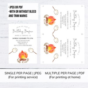 May include: Printable invitation for a birthday bonfire party. The invitation features a watercolor illustration of a campfire with marshmallows on sticks. The text on the invitation reads "Join us for a Birthday Bonfire, Marie is turning 10, Saturday, November 17th, 1:15 PM, The Jacobs Backyard, 0000 Oakview St, Greenville, SC, RSVP to Kayla 1000-000-0000".