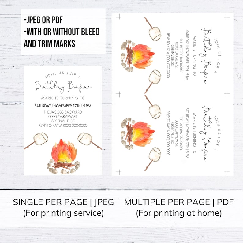 May include: Printable invitation for a birthday bonfire party. The invitation features a watercolor illustration of a campfire with marshmallows on sticks. The text on the invitation reads "Join us for a Birthday Bonfire, Marie is turning 10, Saturday, November 17th, 1:15 PM, The Jacobs Backyard, 0000 Oakview St, Greenville, SC, RSVP to Kayla 1000-000-0000".