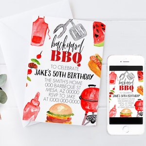 May include: A digital and printed invitation for a backyard BBQ to celebrate Jake's 50th birthday. The invitation features a watercolor illustration of a grill, hot dog, watermelon, hamburger, ketchup bottle, and spatula. The text on the invitation reads "backyard BBQ" and "To celebrate Jake's 50th birthday".