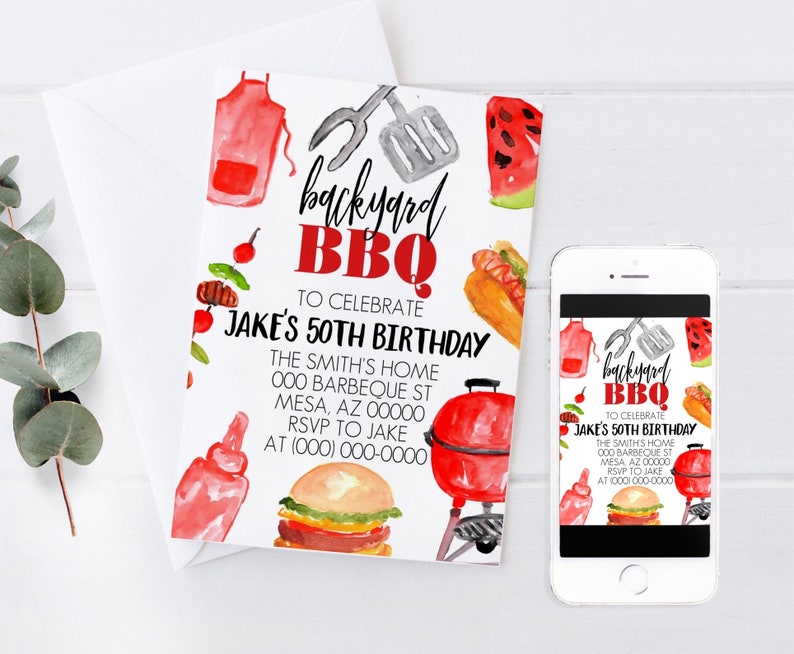 May include: A digital and printed invitation for a backyard BBQ to celebrate Jake's 50th birthday. The invitation features a watercolor illustration of a grill, hot dog, watermelon, hamburger, ketchup bottle, and spatula. The text on the invitation reads "backyard BBQ" and "To celebrate Jake's 50th birthday".