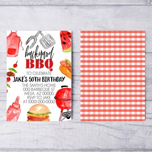 May include: A red and white invitation for a backyard BBQ to celebrate Jake's 50th birthday. The invitation features a grill, hot dog, watermelon, and other BBQ-themed illustrations. The text reads "backyard BBQ" and "To celebrate Jake's 50th Birthday".