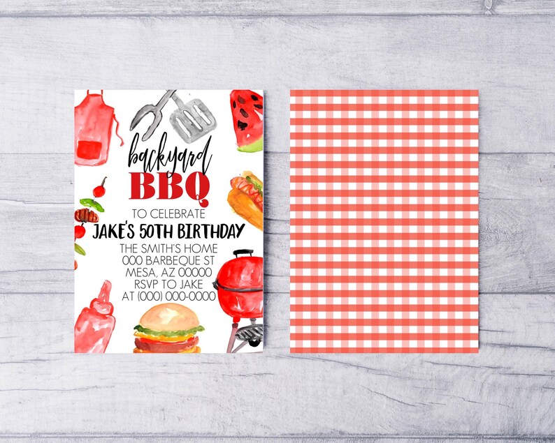 May include: A red and white invitation for a backyard BBQ to celebrate Jake's 50th birthday. The invitation features a grill, hot dog, watermelon, and other BBQ-themed illustrations. The text reads "backyard BBQ" and "To celebrate Jake's 50th Birthday".