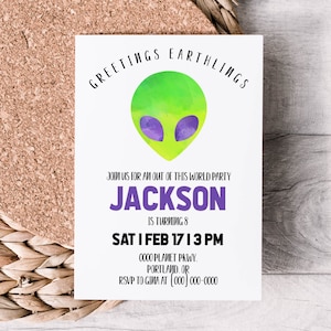 Alien Birthday Invitation Template, Editable Outer Space Party Invite, Kids UFO Birthday, Corjl Printable Download