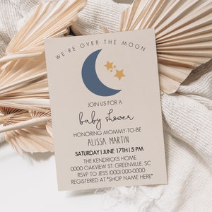 Over the Moon Baby Shower Invitation Template, Editable Moon and Stars Invite, Printable Corjl Download