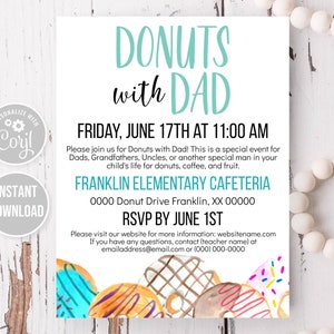 Editable Donuts with Dad Flyer | Father’s Day, digital download, instant download, printable template, PTA, PTO, event flyer