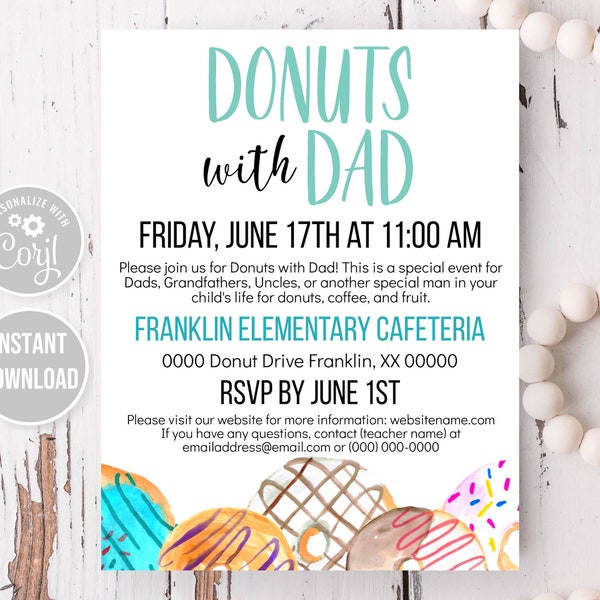 Editable Donuts with Dad Flyer | Father’s Day, digital download, instant download, printable template, PTA, PTO, event flyer